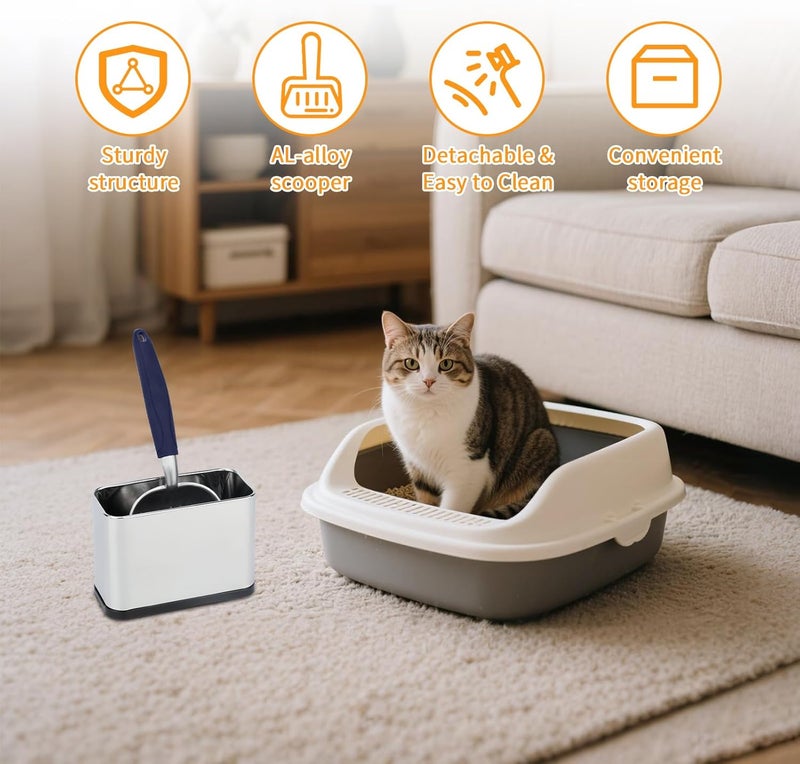 Midollarle Heavy-Duty Cat Litter Scoop with Holder,Metal Cat Scooper Holder Trash Container,Aluminum Kitty Poop Sifting Shovel Captures All Clumps,Speed Sifter Litter Box Scooper with Cats Caddy(Blue) - Image 2